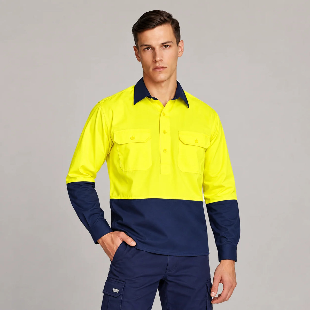 Mens Avenue | Long Sleeve Workcool Shirt – Yellow/Navy