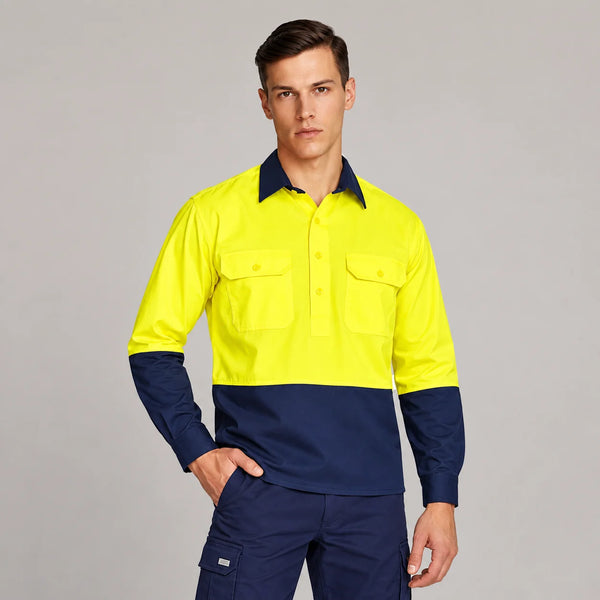 Mens Avenue | Long Sleeve Workcool Shirt – Yellow/Navy